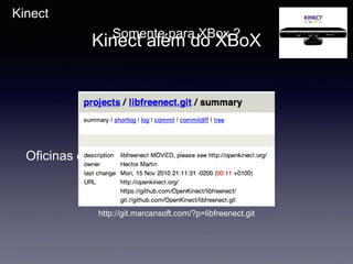 Kinect além do XBoX
Oficinas de tecnologia
Kinect
Somente para XBox ?
http://git.marcansoft.com/?p=libfreenect.git
 