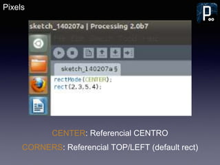 Kinect além do XBoX
Pixels
CORNERS: Referencial TOP/LEFT (default rect)
CENTER: Referencial CENTRO
 