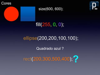 Cores
size(600, 600);
fill(255, 0, 0);
ellipse(200,200,100,100);
rect(200,300,500,400);?
Quadrado azul ?
 