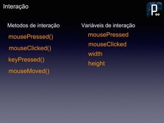 Interação
mousePressed()
keyPressed()
Metodos de interação
mouseClicked()
Variáveis de interação
mousePressed
mouseClicked
width
height
mouseMoved()
 