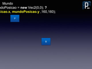 Mundo
B
P
ndoPosicao = new Vec2(0,0); ?
sicao.x, mundoPosicao.y ,160,160);
 