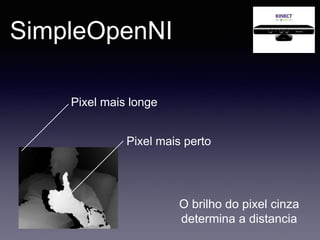 SimpleOpenNI
Pixel mais longe
Pixel mais perto
O brilho do pixel cinza
determina a distancia
 