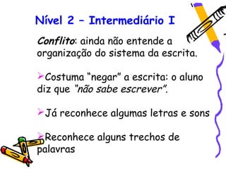 Nível 2 – Intermediário I
Conflito: ainda não entende a
organização do sistema da escrita.

Costuma “negar” a escrita: o aluno
diz que “não sabe escrever”.

Já reconhece algumas letras e sons

Reconhece alguns trechos de
palavras
 