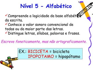 Nível 5 - Alfabético
  Compreende a logicidade da base alfabética
  da escrita.
  Conhece o valor sonoro convencional de
  todas ou da maior parte das letras.
  Distingue letras, sílabas, palavras e frases.

Escreve foneticamente, mas não ortograficamente.

          EX.: BICICETA = bicicleta
               IPOPOTAMO = hipopótamo
 
