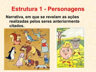 Estrutura 1 - Personagens Narrativa, em que se revelam as ações realizadas pelos seres anteriormente  citados. 