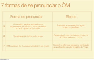 Forma de pronunciarForma de pronunciar Efeitos
5
O contrário, expirar soprando o ar
rapidamente, produzindo um som similar
ao apito grave de um navio.
Transmitir a sua energia a algum
objeto ou pessoas.
6 Vocalização de todos os fonemas
Desenvolve todos os chakras, todos os
siddhis e todos os corpos.
7 ÔM contínuo. Só é possível vocalizá-lo em grupo.
Constrói e reforça a egrégora, conferindo
ao praticante o poder gregário do Yôga.
7 formas de se pronunciar o ÔM
sábado, 27 de julho de 2013
 
