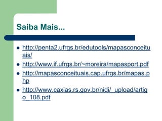 Saiba Mais...

   http://penta2.ufrgs.br/edutools/mapasconceitu
    ais/
   http://www.if.ufrgs.br/~moreira/mapasport.pdf
   http://mapasconceituais.cap.ufrgs.br/mapas.p
    hp
   http://www.caxias.rs.gov.br/nidi/_upload/artig
    o_108.pdf
 