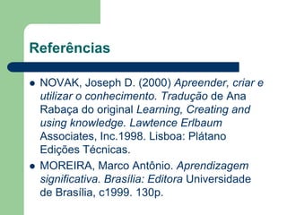 Referências

   NOVAK, Joseph D. (2000) Apreender, criar e
    utilizar o conhecimento. Tradução de Ana
    Rabaça do original Learning, Creating and
    using knowledge. Lawtence Erlbaum
    Associates, Inc.1998. Lisboa: Plátano
    Edições Técnicas.
   MOREIRA, Marco Antônio. Aprendizagem
    significativa. Brasília: Editora Universidade
    de Brasília, c1999. 130p.
 