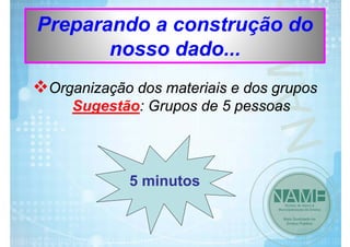 Preparando a construção do
nosso dado...
Organização dos materiais e dos grupos
Sugestão: Grupos de 5 pessoas

5 minutos

 