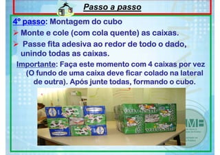 Passo a passo
4º passo: Montagem do cubo
Monte e cole (com cola quente) as caixas.
Passe fita adesiva ao redor de todo o dado,
unindo todas as caixas.
Importante: Faça este momento com 4 caixas por vez
(O fundo de uma caixa deve ficar colado na lateral
de outra). Após junte todas, formando o cubo.

 