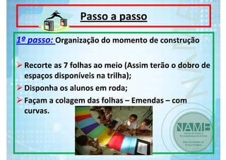 Passo a passo
1º passo: Organização do momento de construção
Recorte as 7 folhas ao meio (Assim terão o dobro de 
espaços disponíveis na trilha);
Disponha os alunos em roda;
Façam a colagem das folhas – Emendas – com 
curvas.

 
