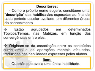 Descritores:
   - Como o próprio nome sugere, constituem uma
“descrição” das habilidades esperadas ao final de
cada período escolar avaliado, em diferentes áreas
do conhecimento.
     Estão    agrupados   em  determinados
Tópicos/Temas, nas Matrizes, em função das
convergências entre eles.

 Originam-se da associação entre os conteúdos
curriculares e as operações mentais efetuadas,
traduzidas nas habilidades expressas pelos alunos.
                       Item:
   - Questão que avalia uma única habilidade.
 