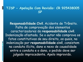TJSP - Apelação Com Revisão: CR 925438005
SP
Responsabilidade Civil. Acidente de Trânsito.
Falta de comprovação dos elementos
caracterizadores da responsabilidade civil.
Indenização afastada. Se o autor não comprova os
fatos constitutivos de seu direito, os quais, na
indenização por responsabilidade civil, consistem
na conduta ilícita, dano e nexo de causalidade
entre a conduta e o dano, o pedido deve ser
julgado improcedente. Apelo improvido.
 