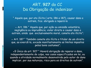 ART. 927 do CC
Da Obrigação de indenizar
“ Aquele que, por ato ilícito ( arts. 186 e 187), causar dano a
outrem, fica obrigado a repará-lo
● Art. 186 “ Aquele que, por ação ou omissão voluntária,
negligência ou imprudência, violar direito e causar dano a
outrem, ainda que exclusivamente moral, comete ato ilícito”;
● Art. 187 “ Também comete ato ilícito o titular de um direito
que, ao exercê-lo, excede manifestamente os limites impostos
pelos bons costumes”;
●§ Único do art. 927 “ Haverá obrigação de reparar o dano,
independentemente de culpa, nos casos especificados em lei, ou
quando a atividade normalmente desenvolvida pelo autor do dano
implicar, por sua natureza, risco para os direitos de outrem”.
 