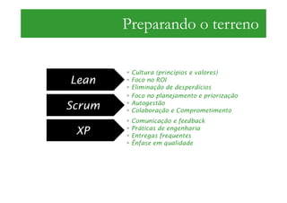Preparando o terreno

         Cultura (princípios e valores)
Lean     Foco no ROI
         Eliminação de desperdícios
         Foco no planejamento e priorização
         Autogestão
Scrum    Colaboração e Comprometimento
         Comunicação e feedback
         Práticas de engenharia
 XP      Entregas frequentes
         Ênfase em qualidade
 