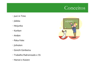 Conceitos
Just in Time

Jidoka

Heijunka

Kanban

Andon

Poka-Yoke

Jishuken

Genchi Genbutsu

Trabalho Padronizado e 5S

Hansei e Kaizen
 