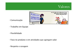 Valores


Comunicação


Trabalho em Equipe


Flexibilidade


Foco no produto e em atividades que agregam valor


Respeito e coragem
 