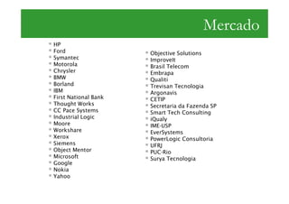Mercado
HP
Ford                  Objective Solutions
Symantec              ImproveIt
Motorola              Brasil Telecom
Chrysler              Embrapa
BMW                   Qualiti
Borland               Trevisan Tecnologia
IBM                   Argonavis
First National Bank   CETIP
Thought Works         Secretaria da Fazenda SP
CC Pace Systems       Smart Tech Consulting
Industrial Logic      iQualy
Moore                 IME-USP
Workshare             EverSystems
Xerox                 PowerLogic Consultoria
Siemens               UFRJ
Object Mentor         PUC-Rio
Microsoft             Surya Tecnologia
Google
Nokia
Yahoo
 