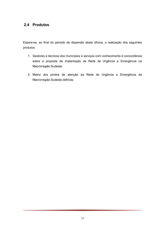 10
2.4 Produtos
Espera-se, ao final do período de dispersão desta oficina, a realização dos seguintes
produtos:
1. Gestores e técnicos dos municípios e serviços com conhecimento e concordância
sobre a proposta de implantação da Rede de Urgência e Emergência na
Macrorregião Sudeste.
2. Matriz dos pontos de atenção da Rede de Urgência e Emergência da
Macrorregião Sudeste definida.
 
