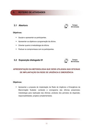 11
3. ROTEIRO DE ATIVIDADES
3.1 Abertura Tempo:
30 minutos
Objetivos:
 Saudar e apresentar os participantes.
 Apresentar os objetivos e programação da oficina.
 Orientar quanto à metodologia da oficina.
 Pactuar os compromissos com os participantes.
3.2 Exposição dialogada 01 Tempo:
90 minutos
APRESENTAÇÃO DA METODOLOGIA QUE SERÁ UTILIZADA NAS OFICINAS
DE IMPLANTAÇÃO DA REDE DE URGÊNCIA E EMERGÊNCIA
Objetivos:
 Apresentar a proposta de implantação da Rede de Urgência e Emergência da
Macrorregião Sudeste: conteúdo e cronograma das oficinas presenciais;
metodologia para replicação das oficinas; produtos dos períodos de dispersão;
responsabilidades; projetos complementares.
 