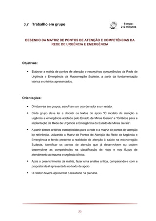 50
3.7 Trabalho em grupo Tempo:
210 minutos
DESENHO DA MATRIZ DE PONTOS DE ATENÇÃO E COMPETÊNCIAS DA
REDE DE URGÊNCIA E EMERGÊNCIA
Objetivos:
 Elaborar a matriz de pontos de atenção e respectivas competências da Rede de
Urgência e Emergência da Macrorregião Sudeste, a partir da fundamentação
teórica e critérios apresentados.
Orientações:
 Dividam-se em grupos, escolham um coordenador e um relator.
 Cada grupo deve ler e discutir os textos de apoio “O modelo de atenção a
urgência e emergência adotado pelo Estado de Minas Gerais” e “Critérios para a
implantação da Rede de Urgência e Emergência do Estado de Minas Gerais”.
 A partir destes critérios estabelecidos para a rede e a matriz de pontos de atenção
de referência, utilizando a Matriz de Pontos de Atenção da Rede de Urgência e
Emergência e tendo presente a realidade da atenção à saúde na macrorregião
Sudeste, identificar os pontos de atenção que já desenvolvem ou podem
desenvolver as competências na classificação de risco e nos fluxos de
atendimento ao trauma e urgência clínica.
 Após o preenchimento da matriz, fazer uma análise crítica, comparando-a com a
proposta ideal apresentada no texto de apoio.
 O relator deverá apresentar o resultado na plenária.
 