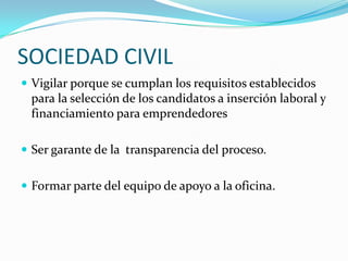 SOCIEDAD CIVILVigilar porque se cumplan los requisitos establecidos para la selección de los candidatos a inserción laboral y financiamiento para emprendedores Ser garante de la  transparencia del proceso. Formar parte del equipo de apoyo a la oficina. 