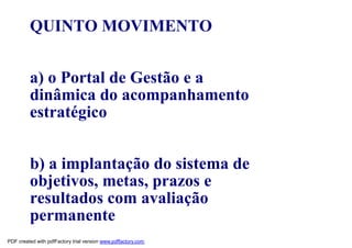 QUINTO MOVIMENTO


         a) o Portal de Gestão e a
         dinâmica do acompanhamento
         estratégico


         b) a implantação do sistema de
         objetivos, metas, prazos e
         resultados com avaliação
         permanente
PDF created with pdfFactory trial version www.pdffactory.com
 