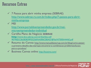 Recursos Extras
http://www.negociodemulher.com.br | Oficina Feminina de Negócios	
ü  7 Passos para abrir minha empresa (SEBRAE)
http://www.sebrae-rs.com.br/index.php/7-passos-para-abrir-
minha-empresa	

ü  MEI
http://www.portaldoempreendedor.gov.br/mei-
microempreendedor-individual	

ü  Cartilha Plano de Negócio SEBRAE
http://www.dce.sebrae.com.br/bte/bte.nsf/
90790DC06383839F03256FAA006CB0AD/$File/NT000A44AE.pdf	

ü  Resumo do Canvas http://www.manualdastartup.com.br/blog/como-passar-
o-primeiro-desaﬁo-das-startups-encontrar-a-combinacao-problemasolucao-
para-o-produto/	

ü  Business Canvas online http://bussmo.com/	

 