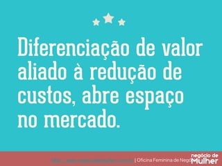 http://www.negociodemulher.com.br ¦ Oﬁcina Feminina de Negócios	
Diferenciação de valor
aliado à redução de
custos, abre espaço
no mercado.
 