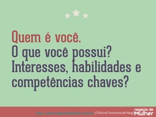 Quem é você.
O que você possui?
Interesses, habilidades e
competências chaves?
http://www.negociodemulher.com.br ¦ Oﬁcina Feminina de Negócios	

 