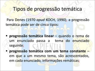 Tipos de progressão temática
Para Denes (1970 apud KOCH, 1990), a progressão
temática pode ser de cinco tipos:
 progressão temática linear – quando o rema de
um enunciado passa a tema do enunciado
seguinte;
 progressão temática com um tema constante –
em que a um mesmo tema, são acrescentados,
em cada enunciado, informações remáticas;
 