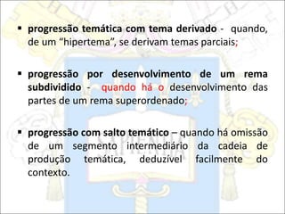  progressão temática com tema derivado - quando,
de um “hipertema”, se derivam temas parciais;
 progressão por desenvolvimento de um rema
subdividido - quando há o desenvolvimento das
partes de um rema superordenado;
 progressão com salto temático – quando há omissão
de um segmento intermediário da cadeia de
produção temática, deduzível facilmente do
contexto.
 