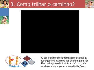 3. Como trilhar o caminho?




              O pai é o símbolo do trabalhador espírita. É
              tudo que nós devemos nos esforçar para ser.
              E no esforço de dedicação ao próximo, nós
3ª Reflexão   acabamos por superar nossas limitações...
 
