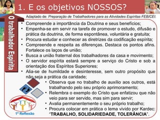 1. E os objetivos NOSSOS?
     Adaptado de: Preparação de Trabalhadores para as Atividades Espíritas FEB/CEI.
    • Compreende a importância da Doutrina e seus benefícios;
    • Empenha-se em servir na tarefa de promover o estudo, difusão e
       prática da doutrina, de forma espontânea, voluntária e gratuita;
    • Procura estudar e conhecer as diretrizes da codificação espírita;
    • Compreende e respeita as diferenças. Destaca os pontos afins.
       Fortalece os laços de união;
    • Busca a união fraternal dos trabalhadores da casa e movimento;
    • O servidor espírita estará sempre a serviço do Cristo e sob a
       orientação dos Espíritos Superiores;
    • Alia-se de humildade e desinteresse, sem outro propósito que
       não seja a prática da caridade;
                 • Observa que no trabalho de auxílio aos outros, está
                   trabalhando pelo seu próprio aprimoramento;
                 • Relembra o exemplo do Cristo que enfatizou que não
                   veio para ser servido, mas sim para servir;
                 • Avalia permanentemente o seu próprio trabalho;
                 • Procura colocar em prática o lema vivido por Kardec:
1ª Reflexão        “TRABALHO, SOLIDARIEDADE, TOLERÂNCIA”.
 