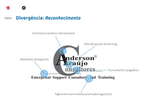 case   Divergência: Reconhecimento


                Contraste cromático não favorável



                                                        Falta de ajustes de kerning




        Elementos divergentes



                                                                           Truncamento tipográfico




                                 Tagline em outro idioma (confusão linguística)
 