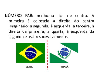 NÚMERO PAR: nenhuma fica no centro. A
primeira é colocada à direita do centro
imaginário; a segunda, à esquerda; a terceira, à
direita da primeira; a quarta, à esquerda da
segunda e assim sucessivamente.
BRASIL PARANÁ
ORDEM DAS BANDEIRAS
 