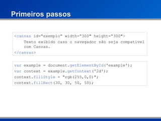 Primeiros passos <canvas  id=“exemplo” width=“300" height=“300" >   Texto exibido caso o navegador não seja compatível   com Canvas.  </canvas> var  example = document. getElementById ('example'); var  context = example. getContext ('2d'); context. fillStyle  = "rgb(255,0,0)"; context. fillRect (30, 30, 50, 50); 
