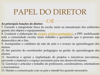 
PAPEL DO DIRETOR
As principais funções do diretor:
7. Garantir a integridade física da escola, tanto na manutenção dos ambientes
quanto dos objetos e equipamentos;
8. Conduzir a elaboração do projeto político-pedagógico, o PPP, mobilizando
toda a comunidade escolar nesse trabalho e garantindo que o processo seja
democrático até o fim;
9. Acompanhar o cotidiano da sala de aula e o avanço na aprendizagem dos
alunos;
10. Ser parceiro do coordenador pedagógico na gestão da aprendizagem dos
alunos;
11. Incentivar e apoiar a implantação de projetos e iniciativas inovadoras,
provendo o material e o espaço necessário para seu desenvolvimento;
12. Gerenciar e articular o trabalho de professores, coordenadores, orientadores
e funcionários;
13. Manter a comunicação com os pais e atendê-los quando necessário.
 