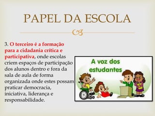 
PAPEL DA ESCOLA
3. O terceiro é a formação
para a cidadania crítica e
participativa, onde escolas
criem espaços de participação
dos alunos dentro e fora da
sala de aula de forma
organizada onde estes possam
praticar democracia,
iniciativa, liderança e
responsabilidade.
 