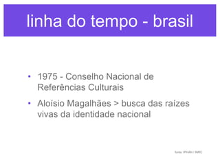 linha do tempo - brasil
• 1975 - Conselho Nacional de
Referências Culturais

• Aloísio Magalhães > busca das raízes
vivas da identidade nacional

fonte: IPHAN / INRC

 