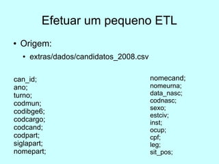 Efetuar um pequeno ETL
●   Origem:
    ●   extras/dados/candidatos_2008.csv

can_id;                                    nomecand;
ano;                                       nomeurna;
turno;                                     data_nasc;
codmun;                                    codnasc;
                                           sexo;
codibge6;
                                           estciv;
codcargo;                                  inst;
codcand;                                   ocup;
codpart;                                   cpf;
siglapart;                                 leg;
nomepart;                                  sit_pos;
 
