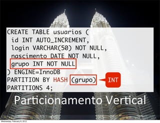 CREATE TABLE usuarios (
       id INT AUTO_INCREMENT,
       login VARCHAR(50) NOT NULL,
       nascimento DATE NOT NULL,
       grupo INT NOT NULL
      ) ENGINE=InnoDB
      PARTITION BY HASH (grupo)    INT
      PARTITIONS 4;

             ParBcionamento	
  VerBcal
Wednesday, February 8, 2012
 