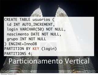 CREATE TABLE usuarios (
       id INT AUTO_INCREMENT,
       login VARCHAR(50) NOT NULL,
       nascimento DATE NOT NULL,
       grupo INT NOT NULL
      ) ENGINE=InnoDB
      PARTITION BY KEY (login)
      PARTITIONS 4;

             ParBcionamento	
  VerBcal
Wednesday, February 8, 2012
 