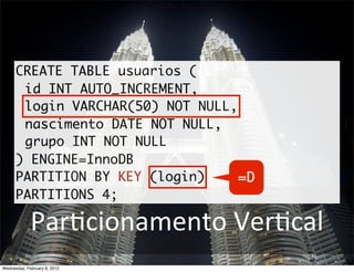 CREATE TABLE usuarios (
       id INT AUTO_INCREMENT,
       login VARCHAR(50) NOT NULL,
       nascimento DATE NOT NULL,
       grupo INT NOT NULL
      ) ENGINE=InnoDB
      PARTITION BY KEY (login)     =D
      PARTITIONS 4;

             ParBcionamento	
  VerBcal
Wednesday, February 8, 2012
 