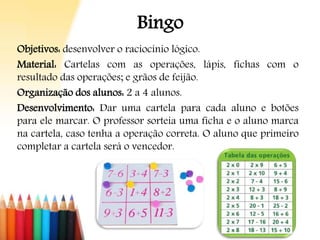 Bingo
Objetivos: desenvolver o raciocínio lógico.
Material: Cartelas com as operações, lápis, fichas com o
resultado das operações; e grãos de feijão.
Organização dos alunos: 2 a 4 alunos.
Desenvolvimento: Dar uma cartela para cada aluno e botões
para ele marcar. O professor sorteia uma ficha e o aluno marca
na cartela, caso tenha a operação correta. O aluno que primeiro
completar a cartela será o vencedor.
 