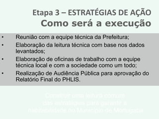 Etapa 3 – ESTRATÉGIAS DE AÇÃO
            Como será a execução
•   Reunião com a equipe técnica da Prefeitura;
•   Elaboração da leitura técnica com base nos dados
    levantados;
•   Elaboração de oficinas de trabalho com a equipe
    técnica local e com a sociedade como um todo;
•   Realização de Audiência Pública para aprovação do
    Relatório Final do PHLIS.

              Construir uma leitura comum
             das estratégias para garantir a
        habitabilidade no Município de Mortugaba
 