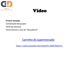 Vídeo 
Prestar 
atenção: 
Composição 
dos 
grupos 
Perfil 
das 
pessoas 
Como 
fizeram 
a 
fase 
da 
“Descoberta” 
Carrinho 
de 
supermercado 
https://www.youtube.com/watch?v=QkfC4p0o7Lc 
 