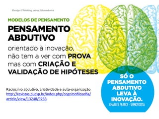 Raciocínio 
abduTvo, 
criaTvidade 
e 
auto-­‐organização 
hJp://revistas.pucsp.br/index.php/cogniTofilosofia/ 
arTcle/view/13248/9763 
 