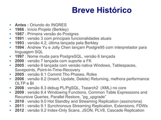 Breve Histórico
   Antes : Oriundo do INGRES
   1986 : Início Projeto (Berkley)
   1987 : Primeira versão do Postgres
   1991 : versão 3 com principais funcionalidades atuais
   1993 : versão 4.2, última lançada pela Berkley
   1994 : Andrew Yu e Jolly Chen lançam Postgre95 com interpretador para
    linguagem SQL
   1997 : Nome muda para PostgreSQL, versão 6 lançada
   2000 : versão 7 lançada com suporte a FK
   2005 : versão 8 lançada com versão nativa Windows, Tablespaces,
    Savepoints, Point-In-Time-Recovery
   2005 : versão 8.1 Commit Tho Phases, Roles
   2006 : versão 8.2 (Insert, Update, Delete) Returning, melhora performance
    OLTP e BI
   2008 : versão 8.3 debug PL/PgSQL, Tsearch2 (XML) no core
   2009 : versão 8.4 Windowing Functions, Common Table Expressions and
    Recursive Queries, Parallel Restore, ”pg_upgrade”
   2010 : versão 9.0 Hot Standby and Streaming Replication (assincrona)
   2011 : versão 9.1 Synchronous Streaming Replication, Extensions, FDWs
   2012 : versão 9.2 Index-Only Scans, JSON, PLV8, Cascade Replication
 