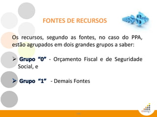 100
FONTES DE RECURSOS
Os recursos, segundo as fontes, no caso do PPA,
estão agrupados em dois grandes grupos a saber:
 - Orçamento Fiscal e de Seguridade
Social, e
- Demais Fontes
 
